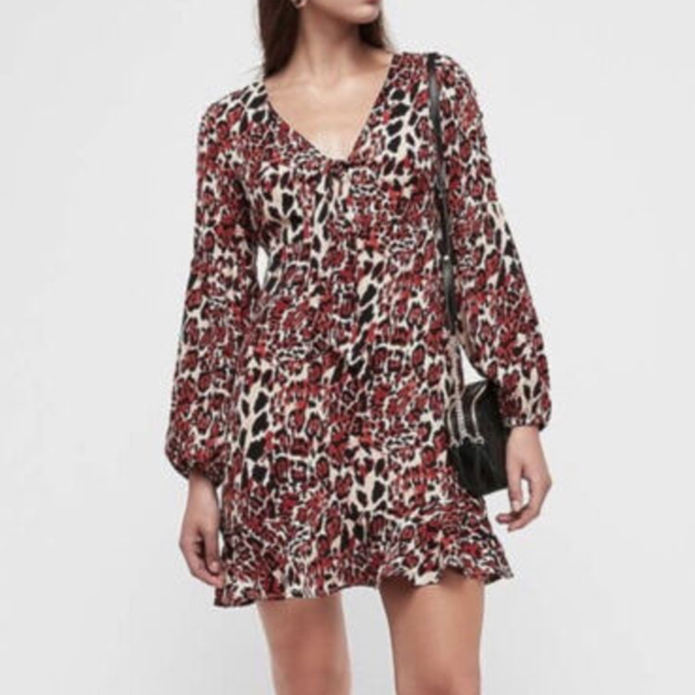 Express | Red Leopard Tie-Front Keyhole Under-Bust Peasant Sleeve Mini Dress